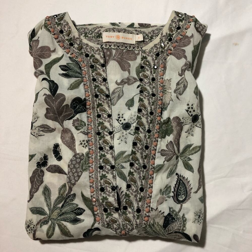 Tory Burch embellished botanical print v neck long sleeve womens tunic top S - Picture 12 of 12
